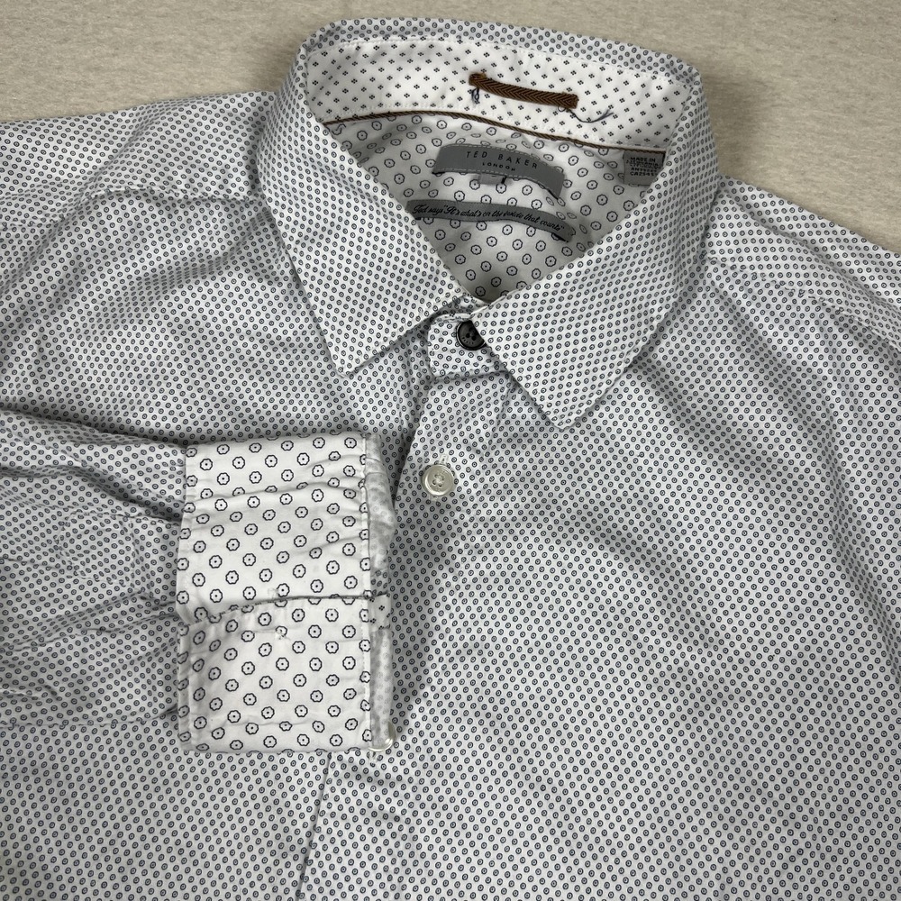 Ted Baker Shirt Mens 6 / XL White Blue Geometric Print Long Sleeve Button Front